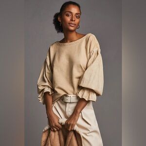 Pilcro by Anthropologie Tan Mixed-Media Puff Sleeve Pullover Size Large